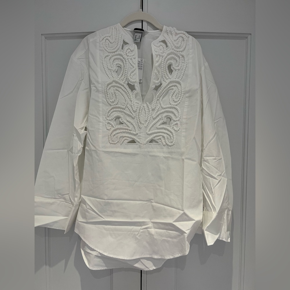 H&M White Embroidered V-Neck Tunic